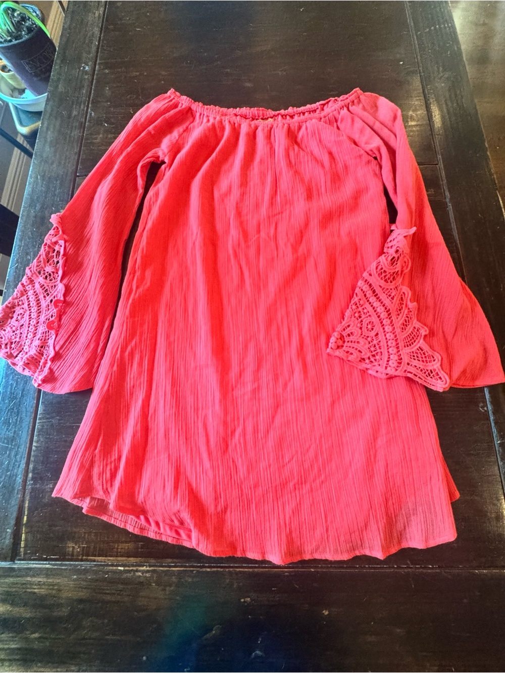 Wrangler Off-Shoulder Tunic in Coral with Lace Bell Sleeves